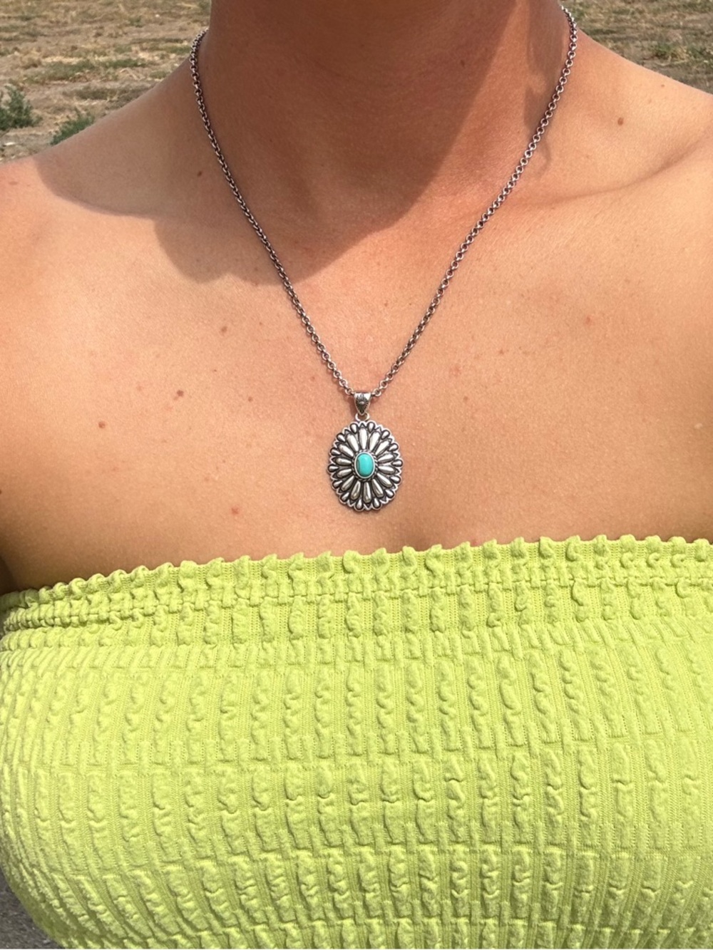 Silver Turquoise Oval Sunburst Pendant Necklace - Women's Jewelry